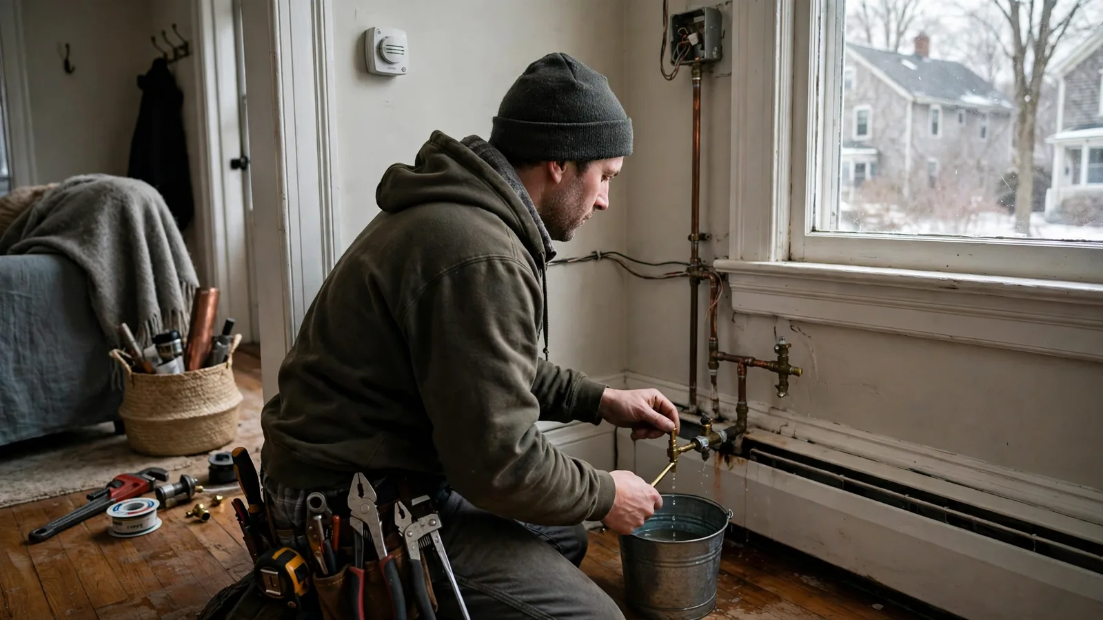 Technician bleeding air from hot-water baseboard heat in a living room