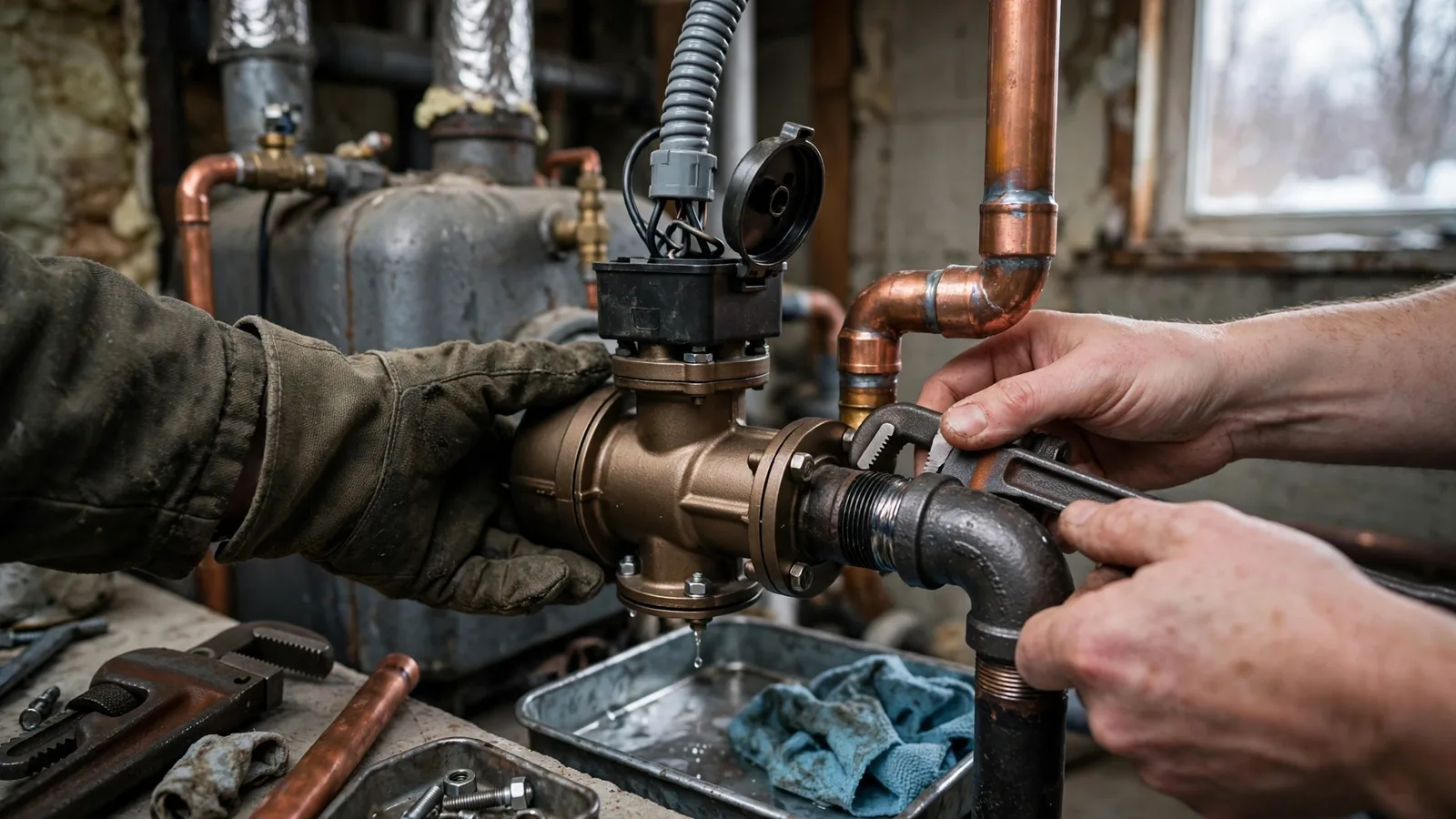 Hands replacing a circulator pump on boiler piping