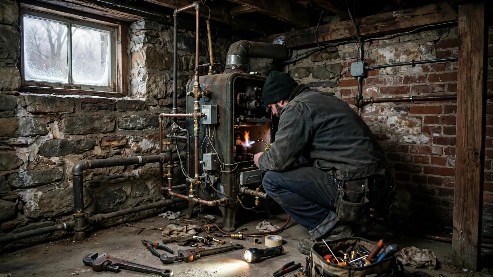 Heating technician working on a cast-iron boiler in the basement of an older New England house